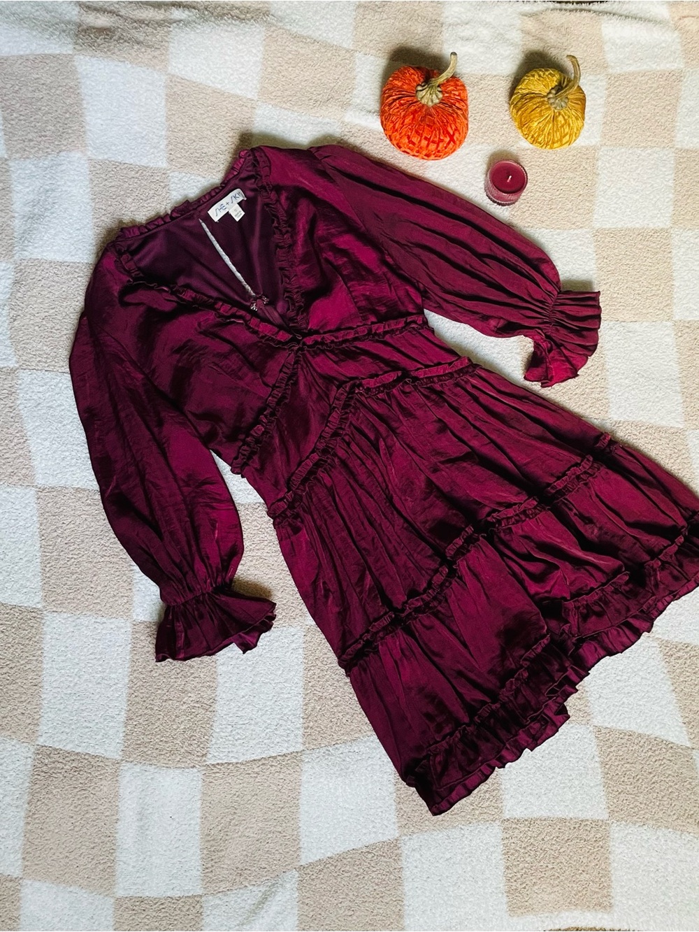 Womens Burgundy Ruffled V-Neck Dress